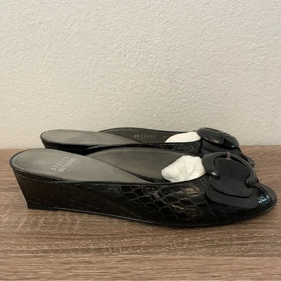 Stuart Weitzman Black Patent Snakeskin Peep Toe Buckle Wedge Slides, Size 6.5N - Picture 1 of 7
